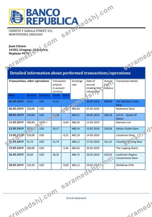 Uruguay Banco de la República Oriental del Uruguay bank statement template in Word and PDF format, good for address prove
